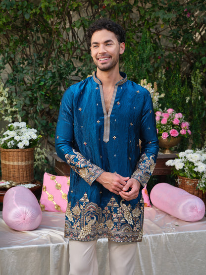 Blue Tissue Fendi Kurta–Bottom Set with Sequins Embroidery