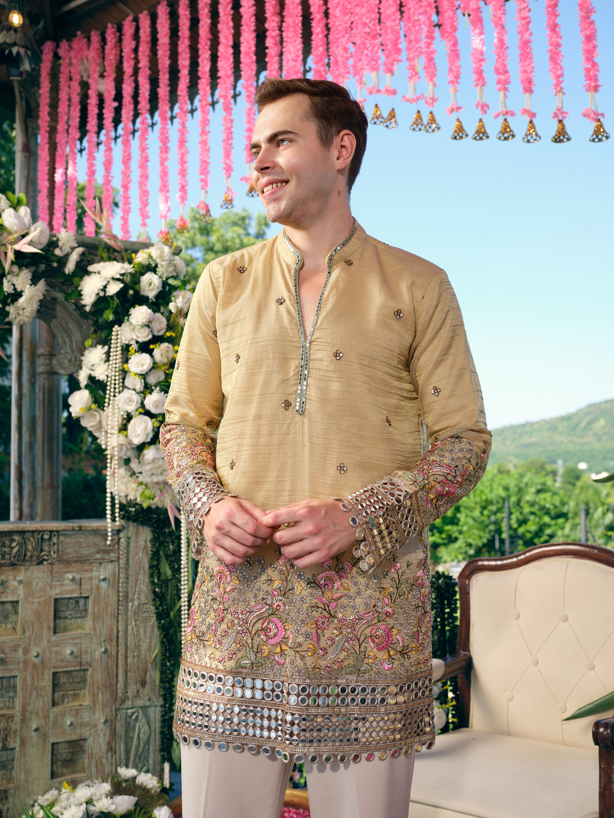 Camel Yellow Crush Tissue Short Kurta Set with Embroidery and Mirror Work