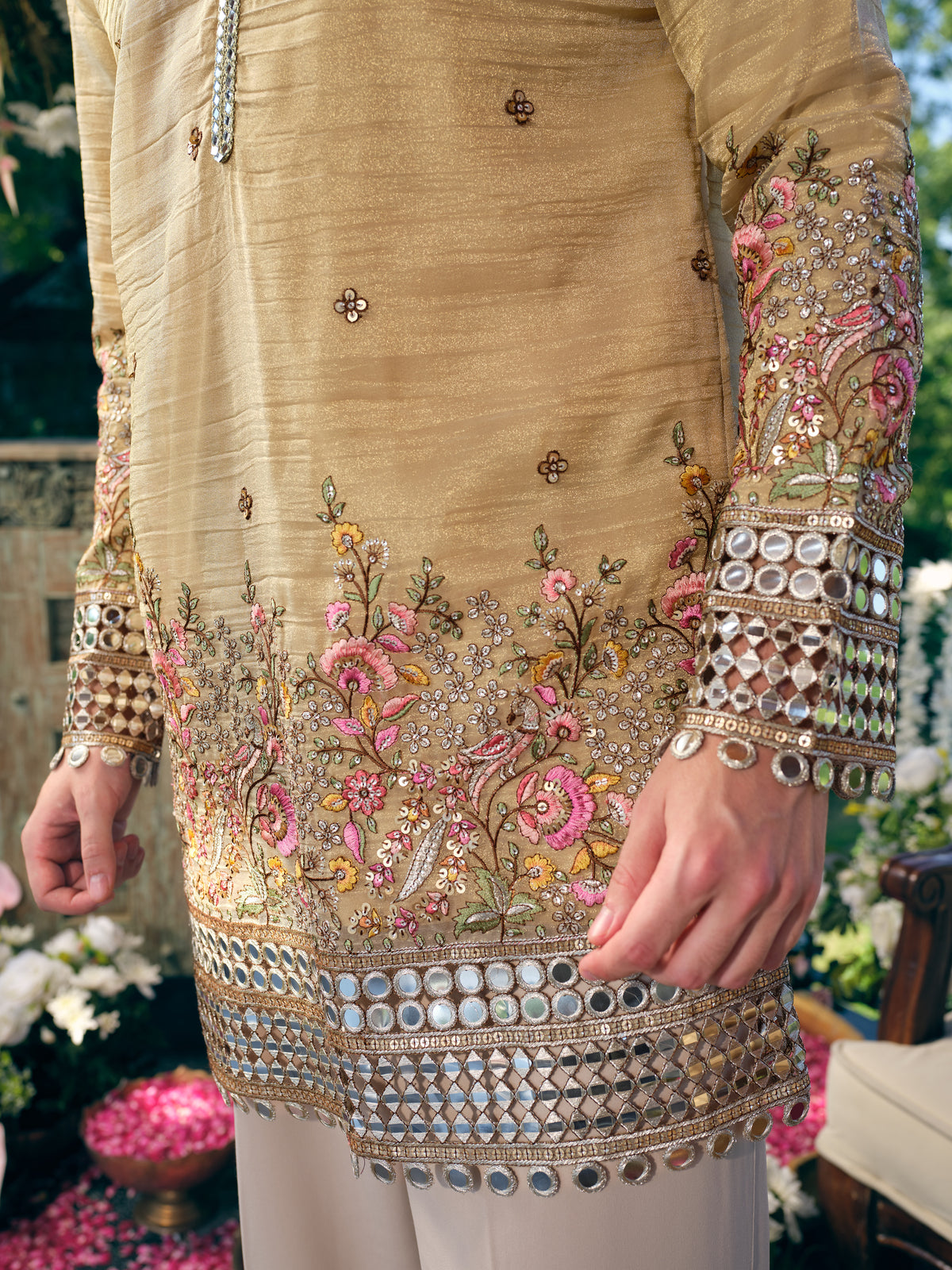 Camel Yellow Crush Tissue Short Kurta Set with Embroidery and Mirror Work