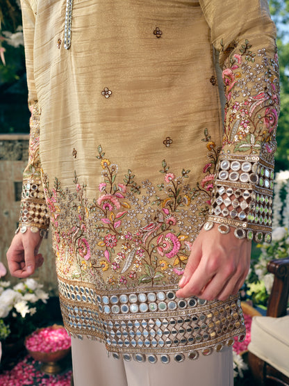 Camel Yellow Crush Tissue Short Kurta Set with Embroidery and Mirror Work