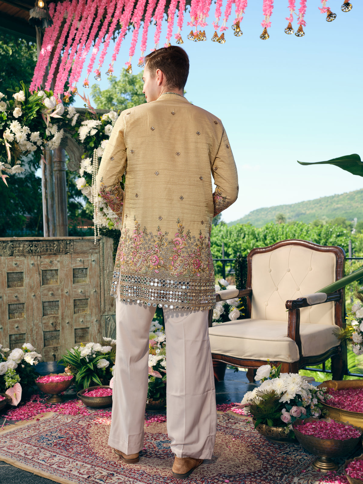 Camel Yellow Crush Tissue Short Kurta Set with Embroidery and Mirror Work
