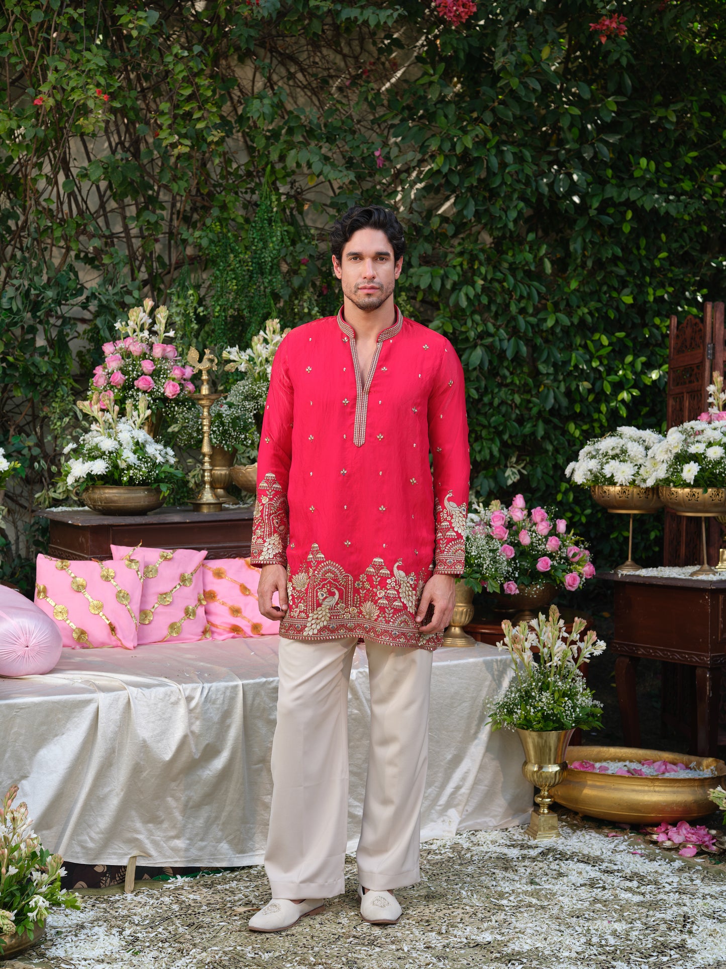 Crimson Pink Tissue Fendi Kurta–Bottom Set with Sequins Embroidery
