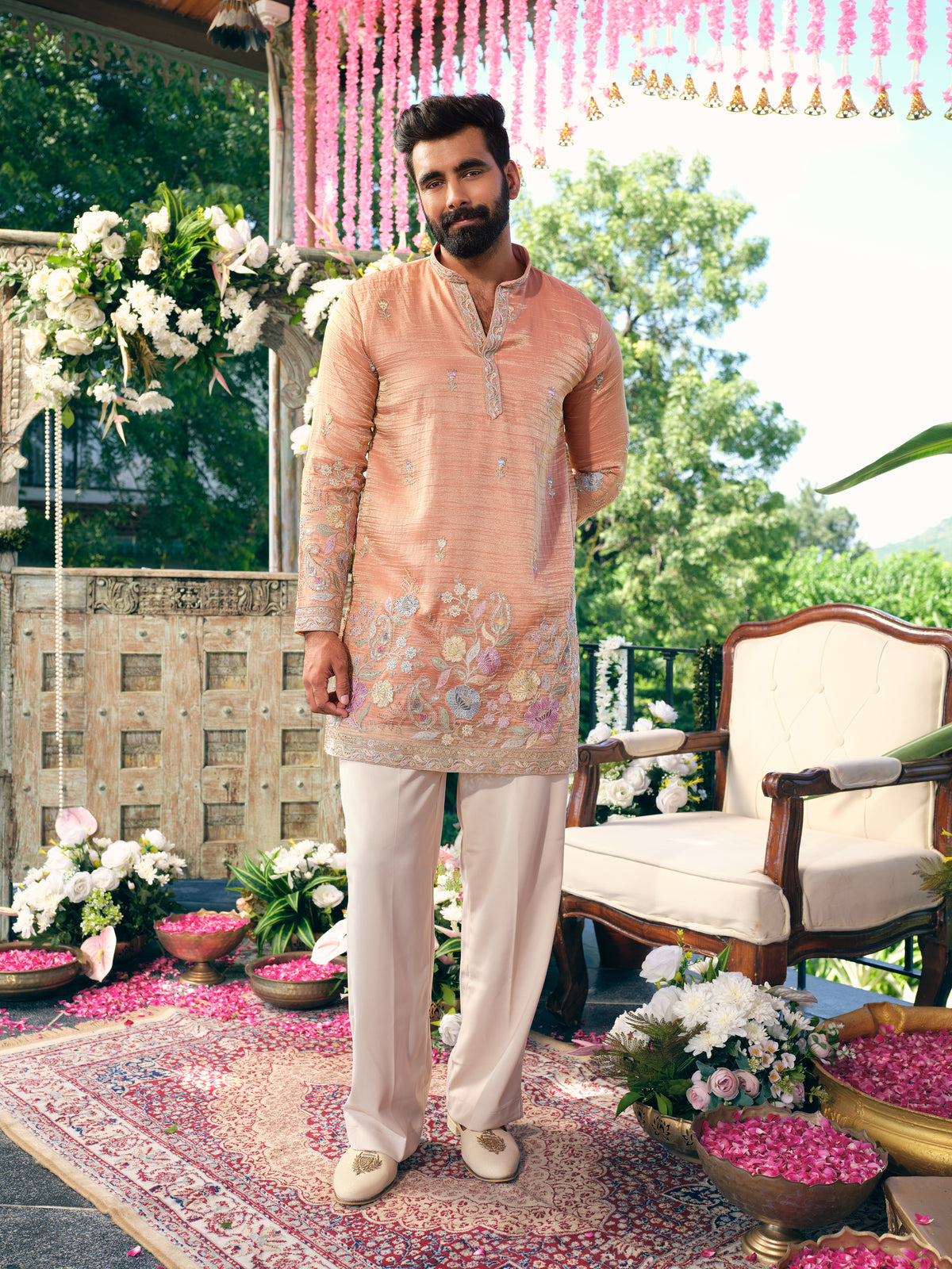 Dusty Peach Crush Tissue Short Kurta Set with Embroidery