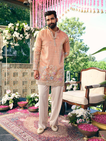 Dusty Peach Crush Tissue Short Kurta Set with Embroidery
