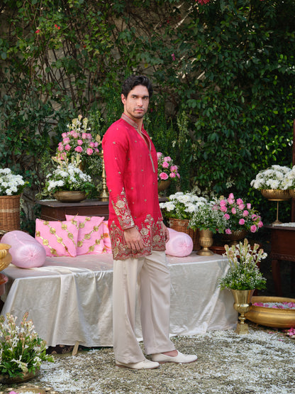 Crimson Pink Tissue Fendi Kurta–Bottom Set with Sequins Embroidery