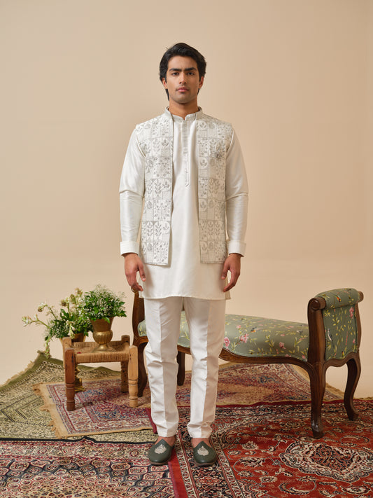 White SS Silk Jacket-Kurta-Bottom Set with Zari Embroidery