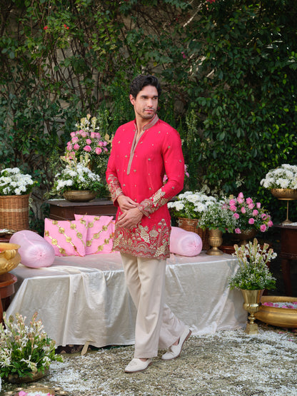 Crimson Pink Tissue Fendi Kurta–Bottom Set with Sequins Embroidery