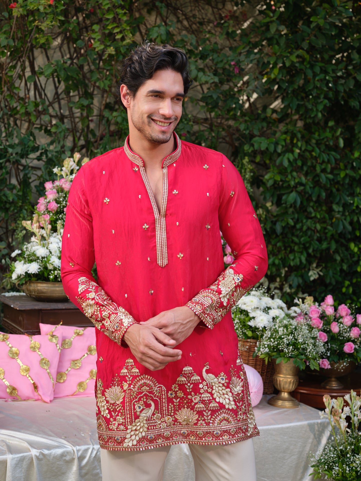 Crimson Pink Tissue Fendi Kurta–Bottom Set with Sequins Embroidery