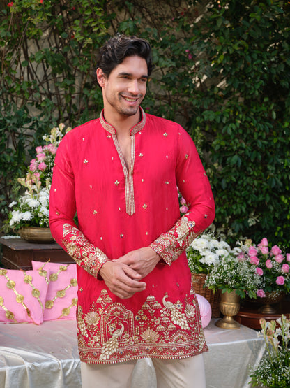 Crimson Pink Tissue Fendi Kurta–Bottom Set with Sequins Embroidery