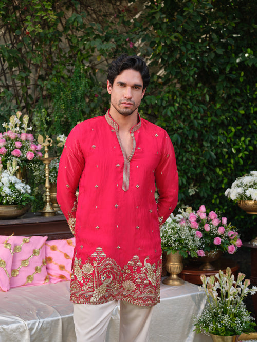 Crimson Pink Tissue Fendi Kurta–Bottom Set with Sequins Embroidery