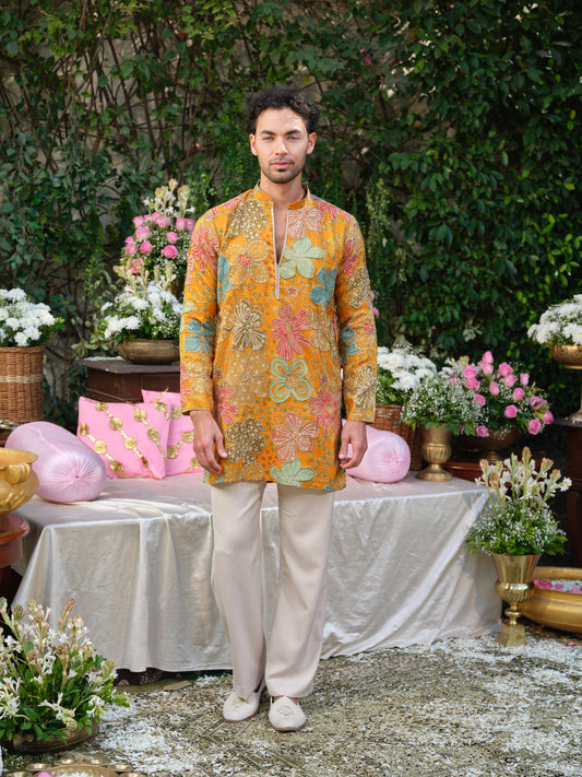 Men’s Mustard Crepe Kurta–Bottom Set with Cording Zari Embroidery