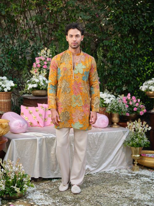 Mustard Crepe Kurta–Bottom Set with Cording Zari Embroidery