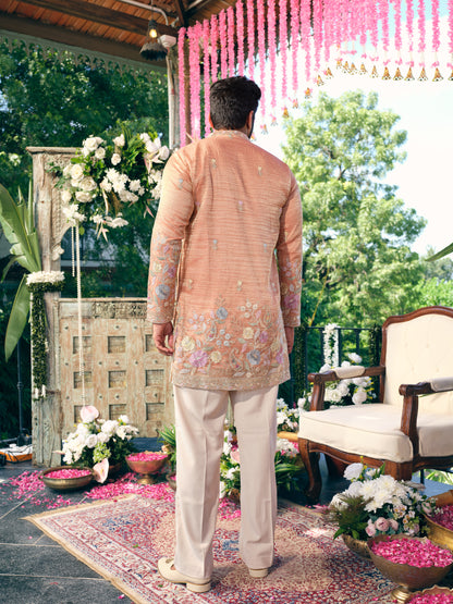 Dusty Peach Crush Tissue Short Kurta Set with Embroidery