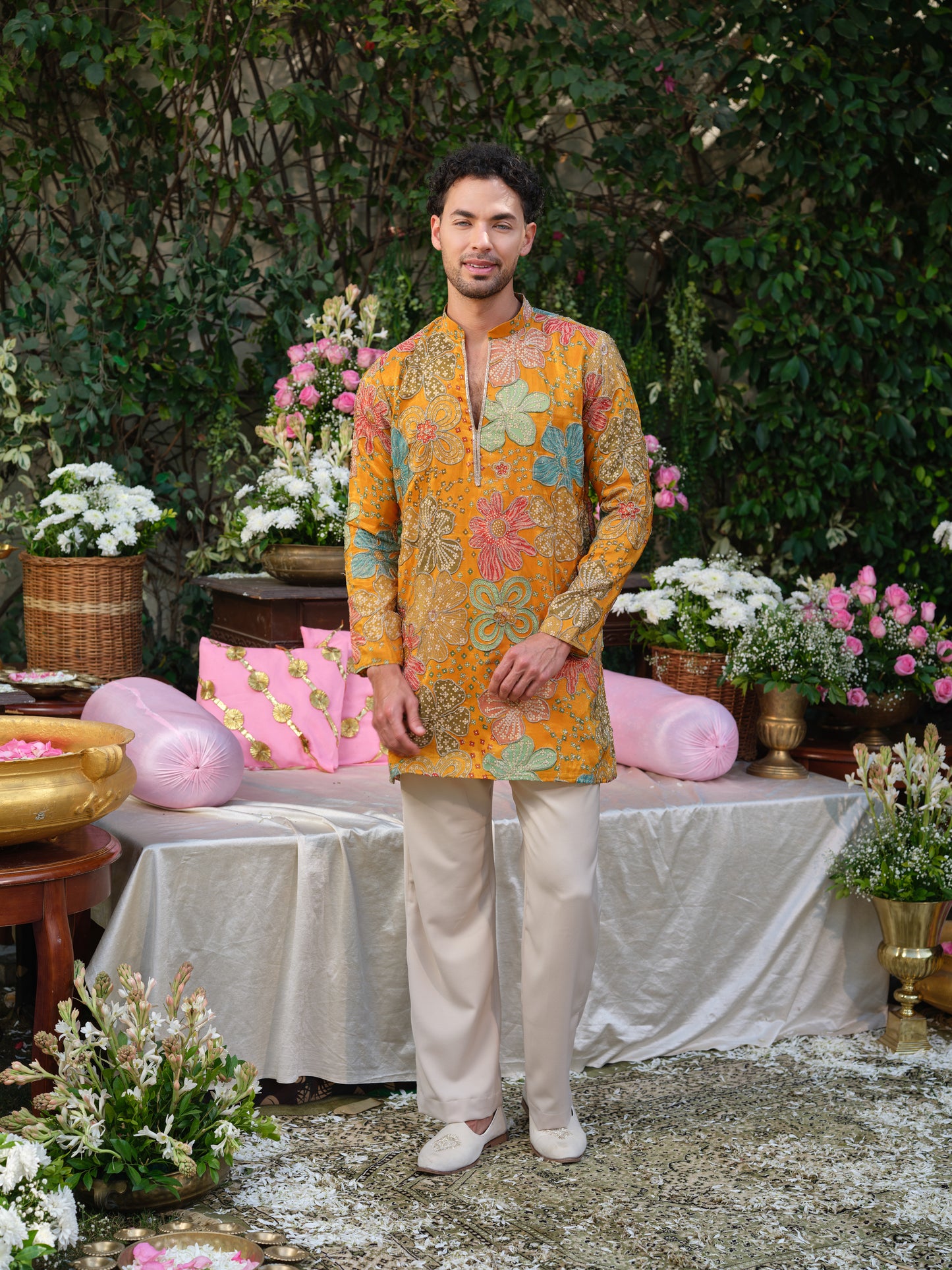 Mustard Crepe Kurta–Bottom Set with Cording Zari Embroidery