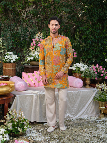 Mustard Crepe Kurta–Bottom Set with Cording Zari Embroidery