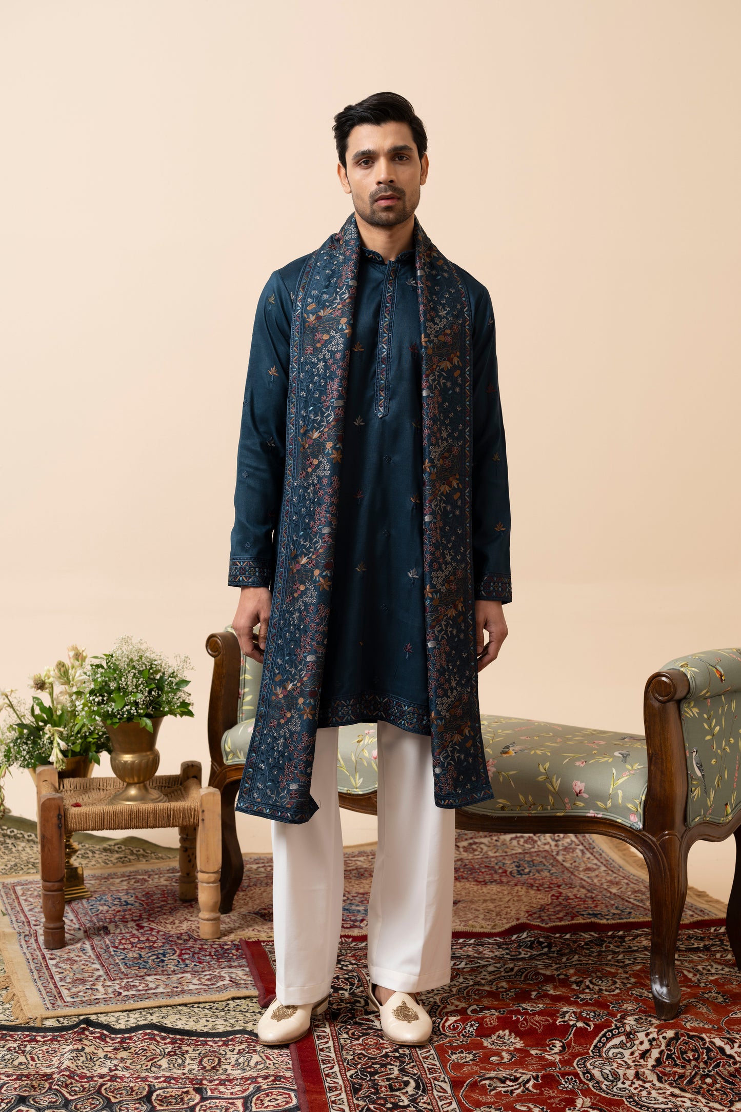 Wine and Rama Green Kurta Set with Dupatta and Thread Embroidery