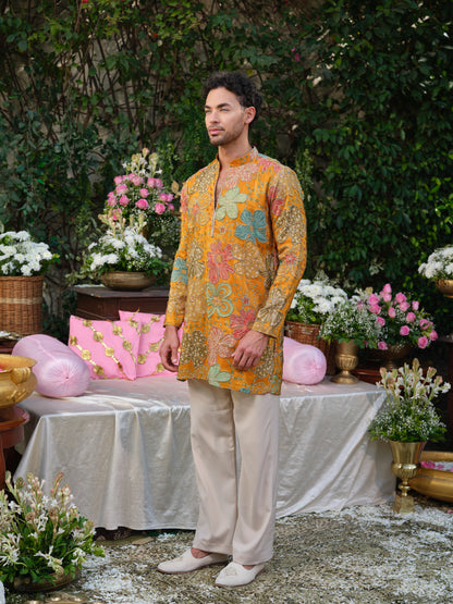 Mustard Crepe Kurta–Bottom Set with Cording Zari Embroidery