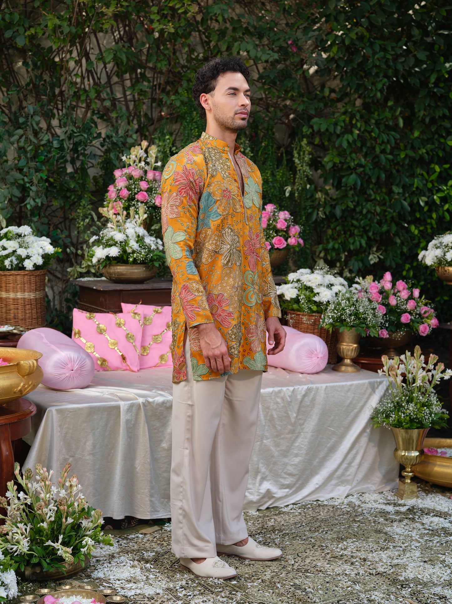 Mustard Crepe Kurta–Bottom Set with Cording Zari Embroidery