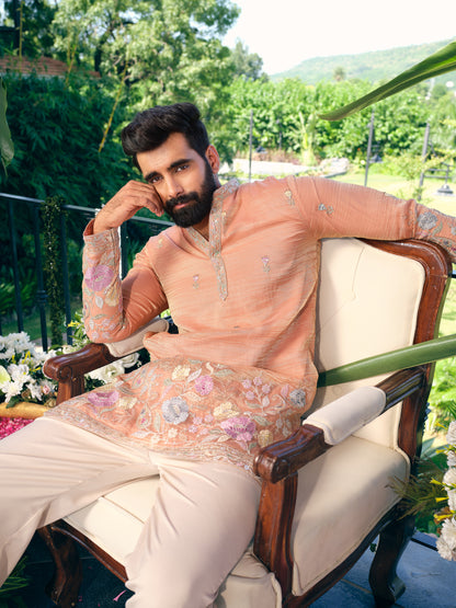 Dusty Peach Crush Tissue Short Kurta Set with Embroidery