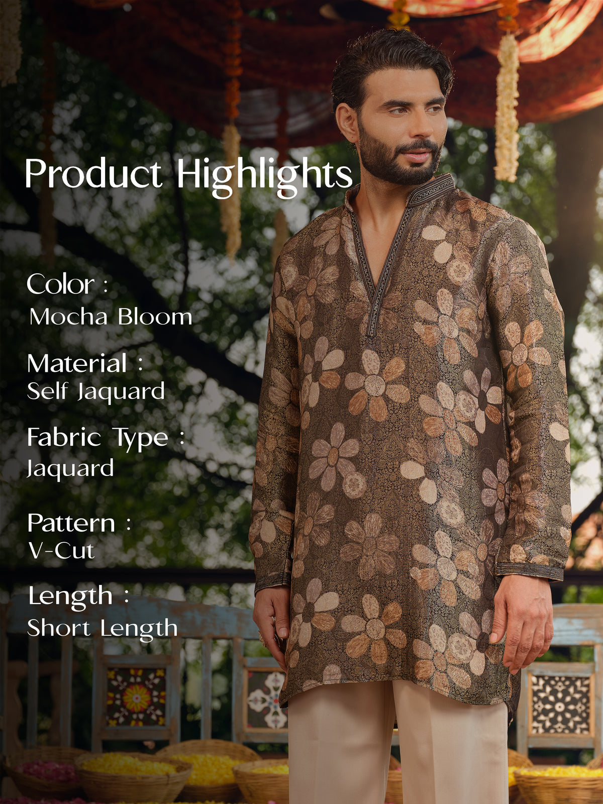 Mocha Bloom Self Jacquard Short Kurta Set