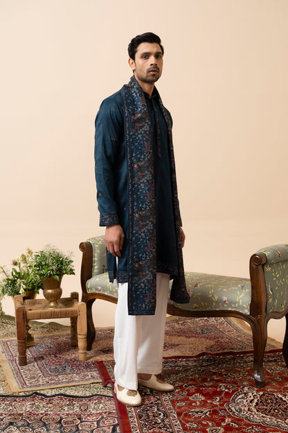 Wine and Rama Green Kurta Set with Dupatta and Thread Embroidery