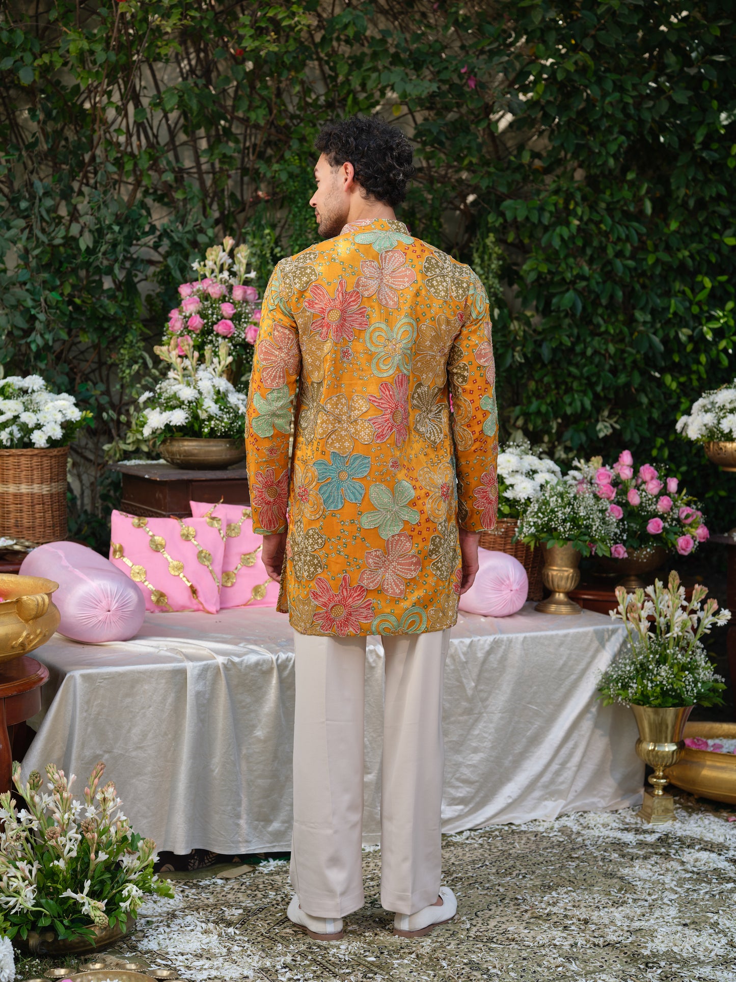 Mustard Crepe Kurta–Bottom Set with Cording Zari Embroidery