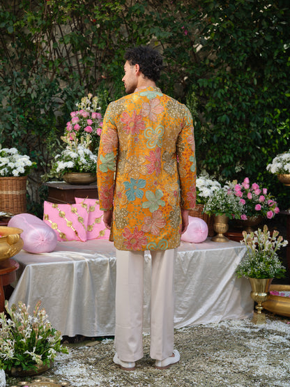 Mustard Crepe Kurta–Bottom Set with Cording Zari Embroidery