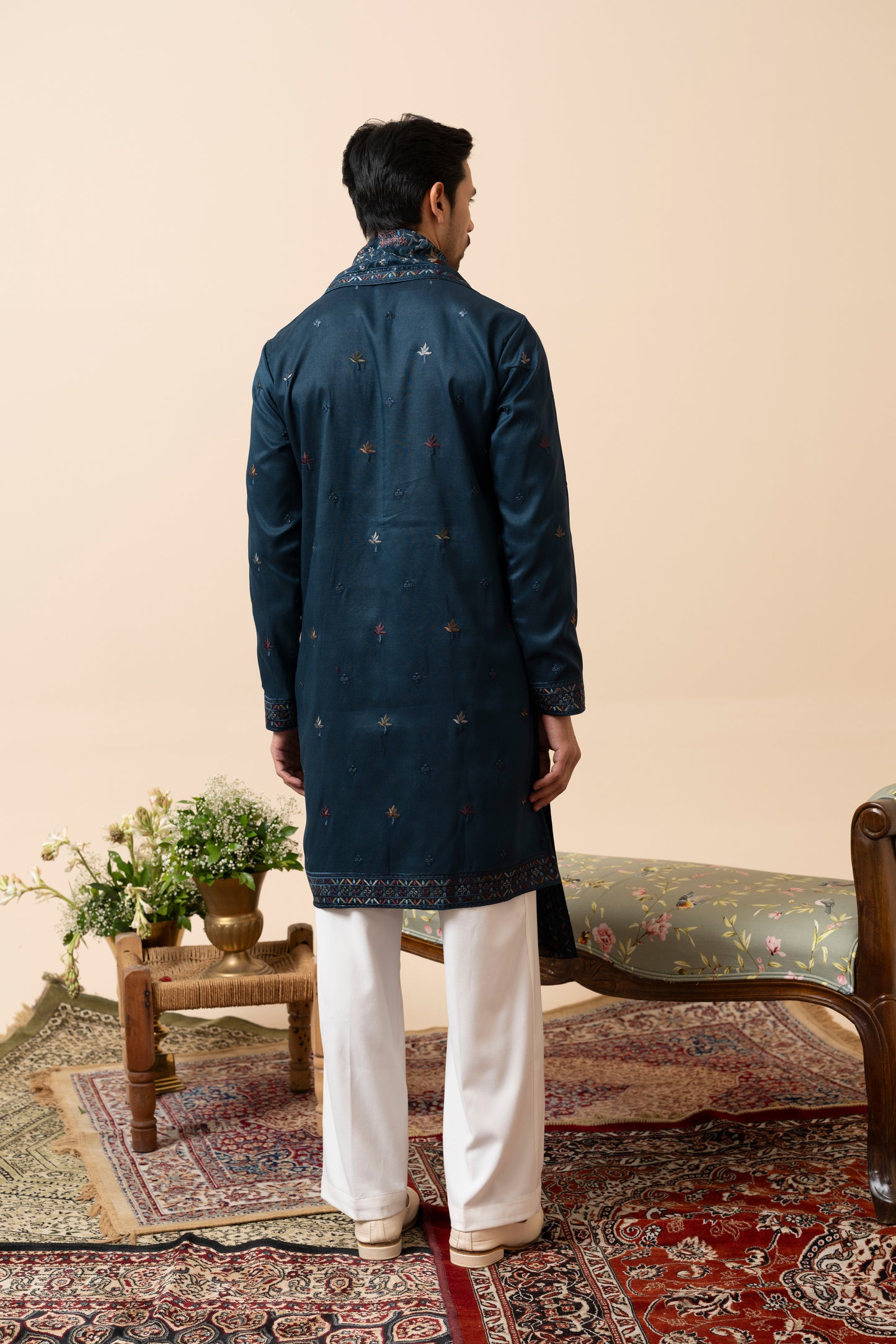 Wine and Rama Green Kurta Set with Dupatta and Thread Embroidery