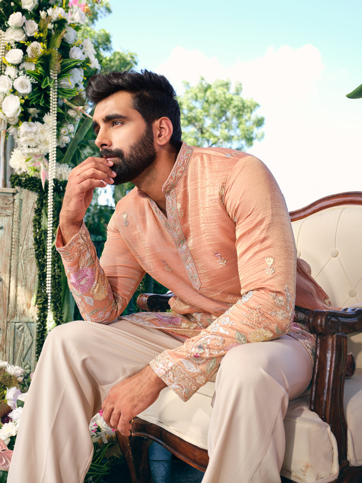 Dusty Peach Crush Tissue Short Kurta Set with Embroidery