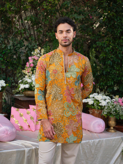 Mustard Crepe Kurta–Bottom Set with Cording Zari Embroidery