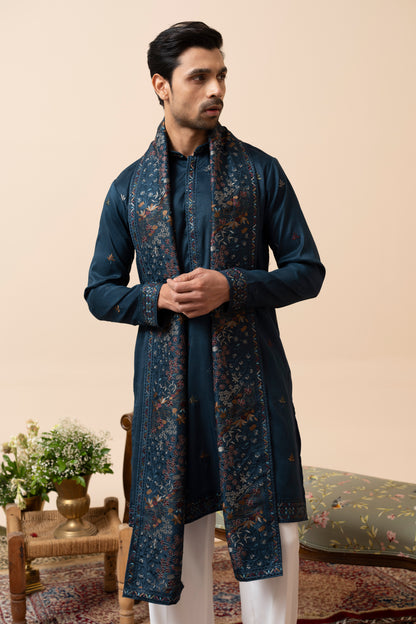 Wine and Rama Green Kurta Set with Dupatta and Thread Embroidery
