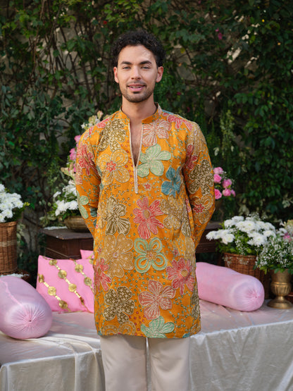 Mustard Crepe Kurta–Bottom Set with Cording Zari Embroidery