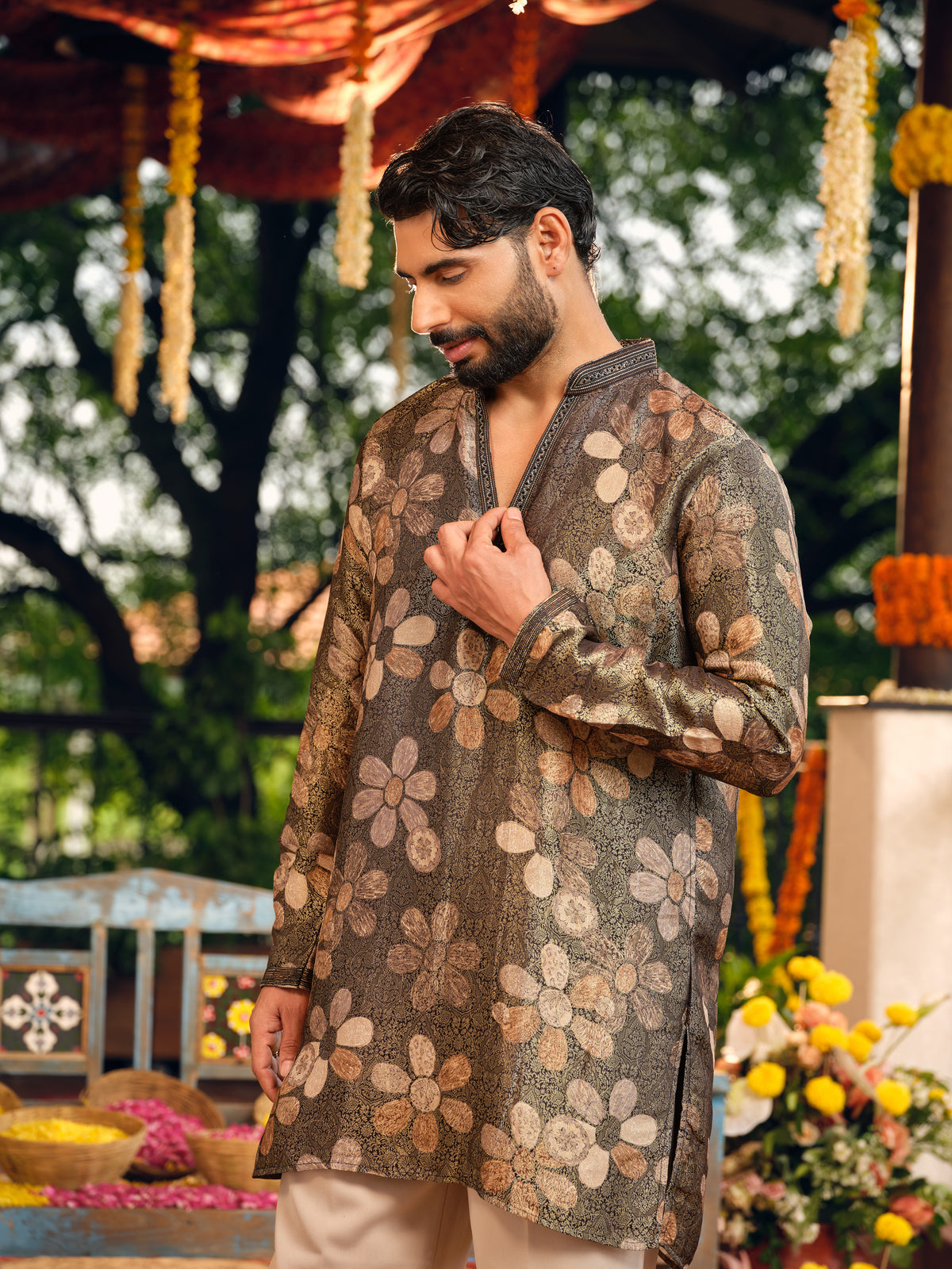 Mocha Bloom Self Jacquard Short Kurta Set