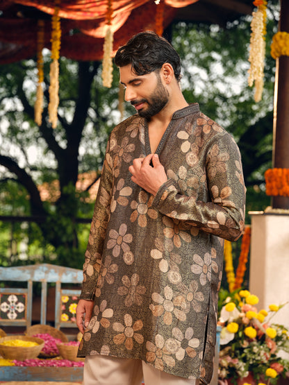 Mocha Bloom Self Jacquard Short Kurta Set