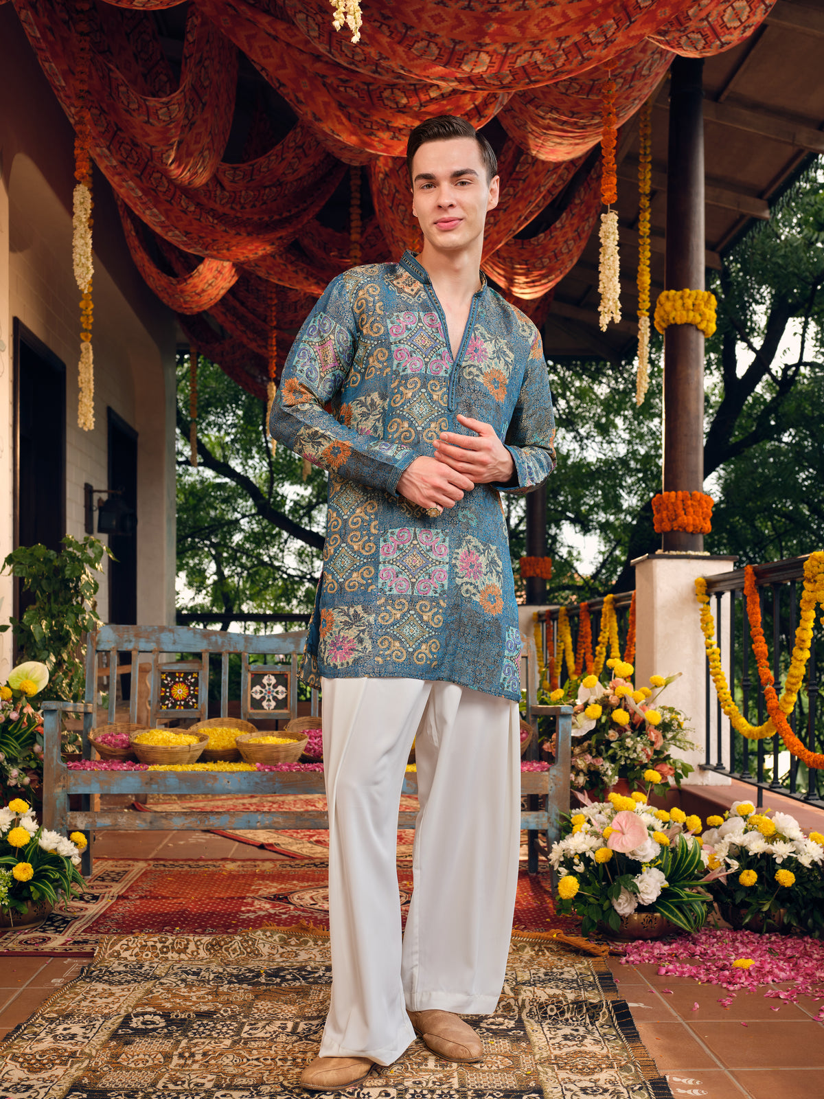 Teal Blue Self Jacquard Short Kurta Set