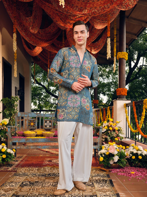 Teal Blue Self Jacquard Short Kurta Set
