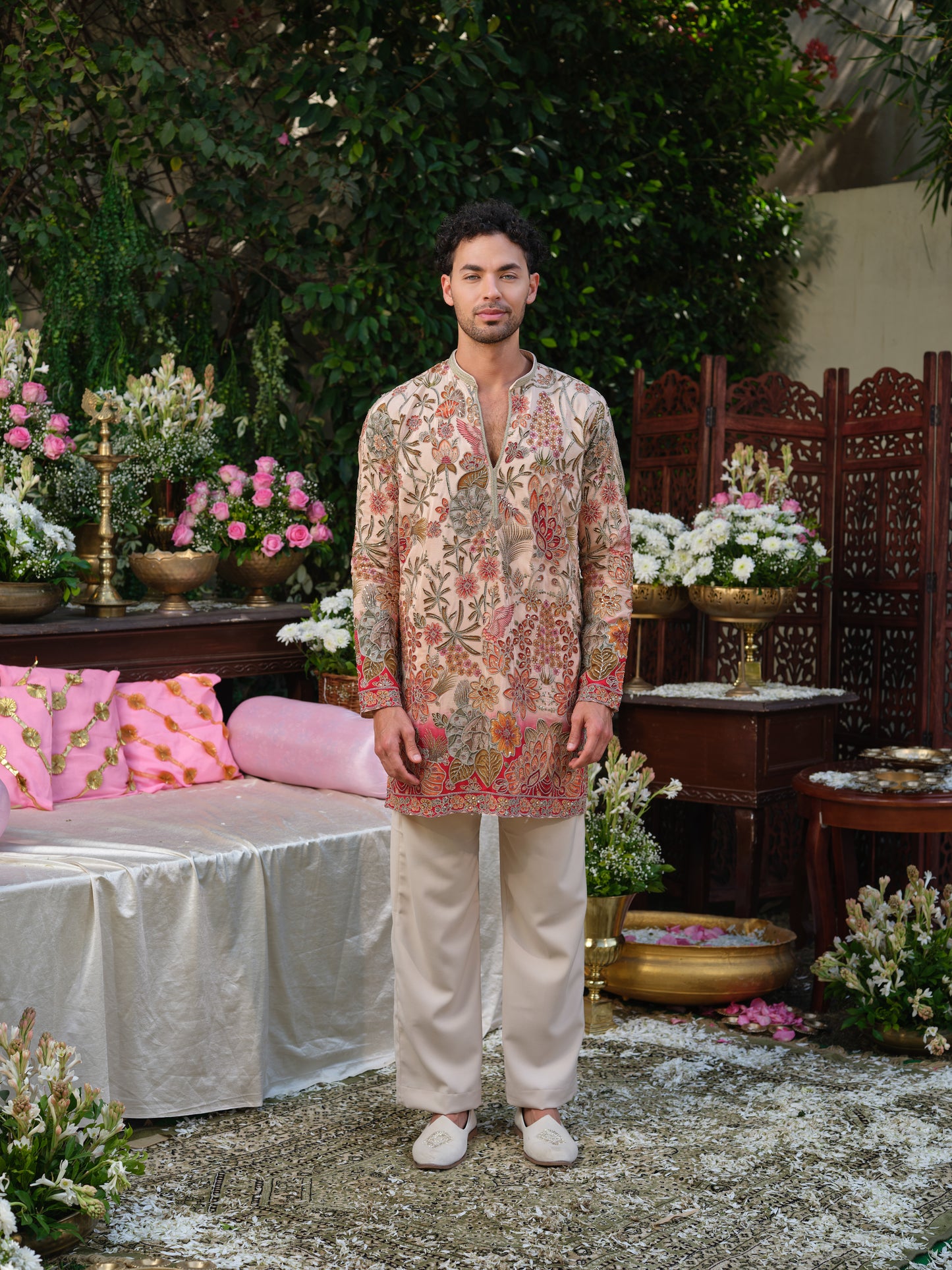 Peach Crepe Kurta–Bottom Set with Cording Zari Embroidery