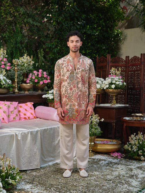 Peach Crepe Kurta–Bottom Set with Cording Zari Embroidery