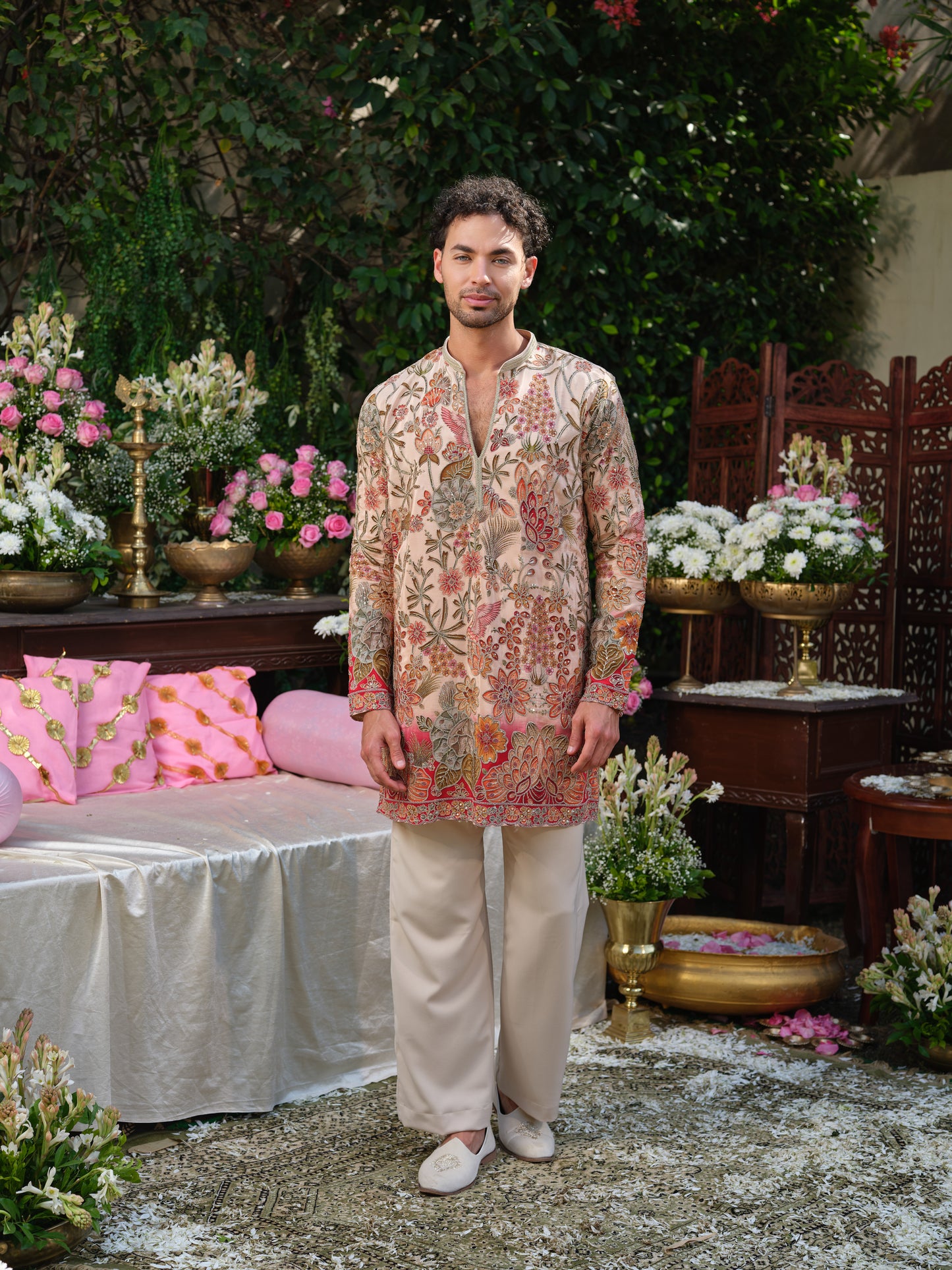 Peach Crepe Kurta–Bottom Set with Cording Zari Embroidery