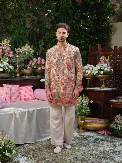 Peach Crepe Kurta–Bottom Set with Cording Zari Embroidery