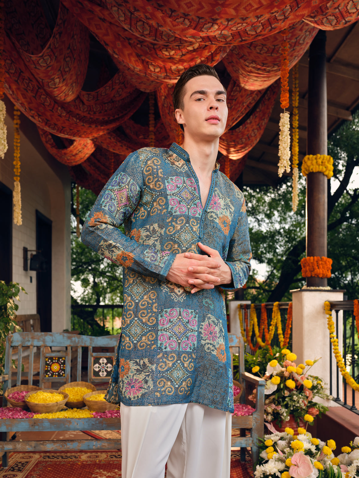 Teal Blue Self Jacquard Short Kurta Set