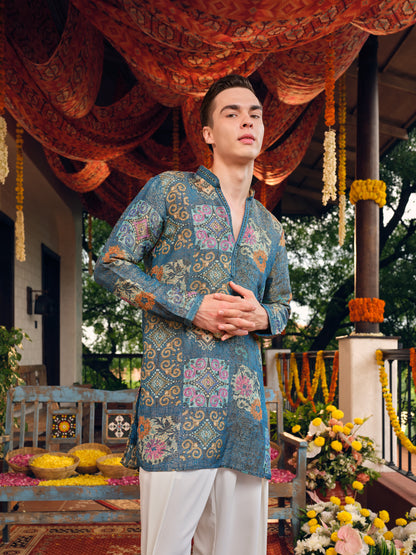 Teal Blue Self Jacquard Short Kurta Set