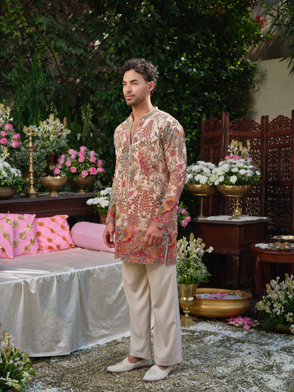 Peach Crepe Kurta–Bottom Set with Cording Zari Embroidery