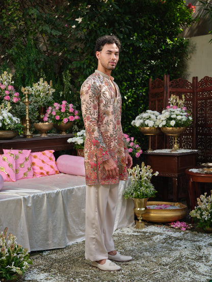 Peach Crepe Kurta–Bottom Set with Cording Zari Embroidery