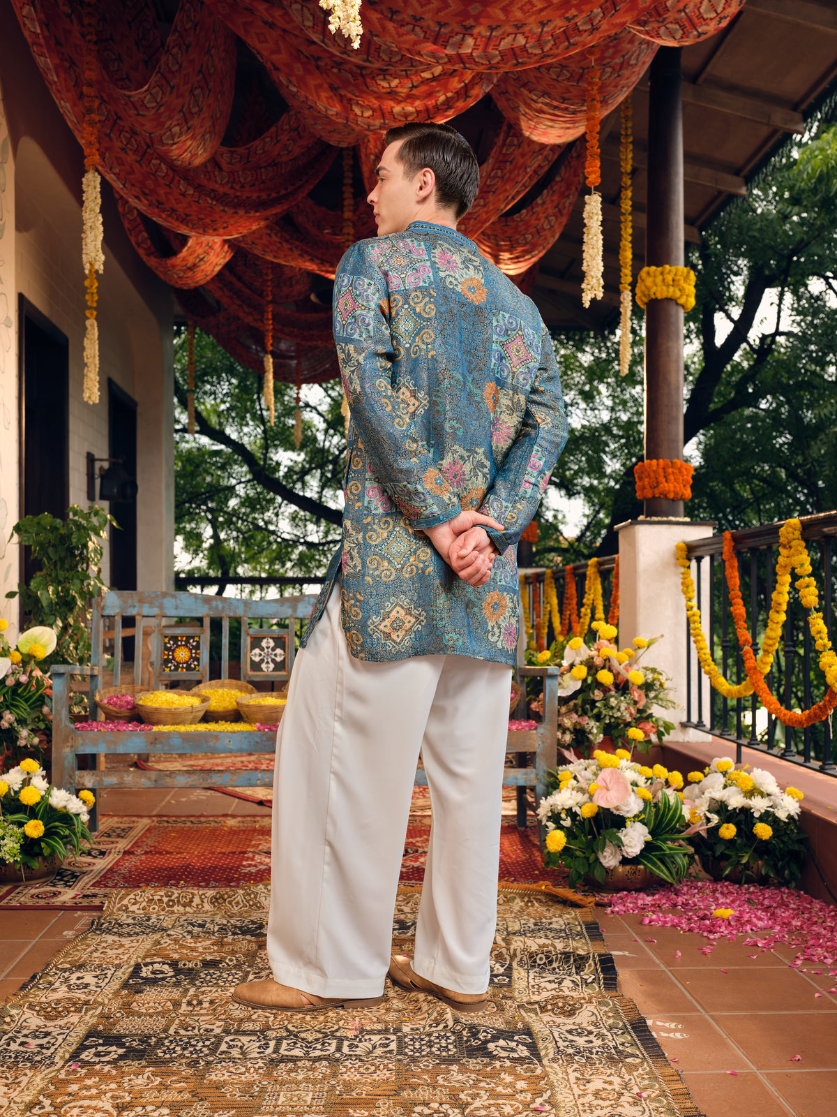 Teal Blue Self Jacquard Short Kurta Set