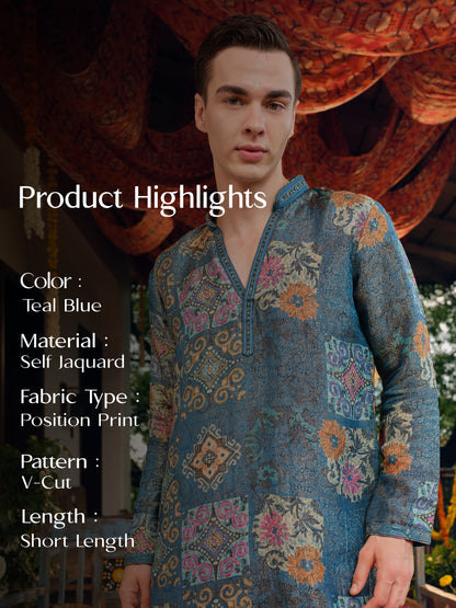 Teal Blue Self Jacquard Short Kurta Set