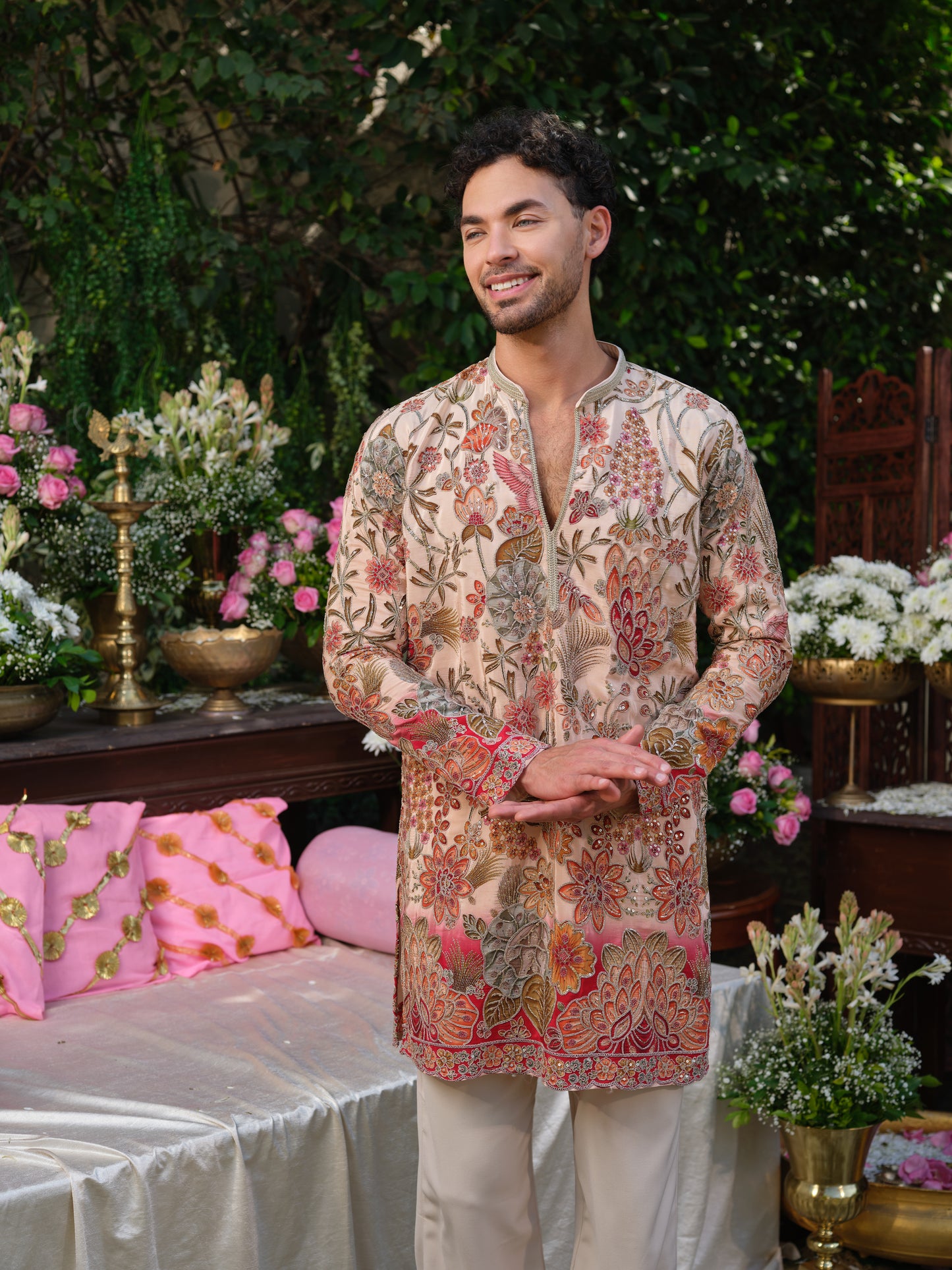 Peach Crepe Kurta–Bottom Set with Cording Zari Embroidery