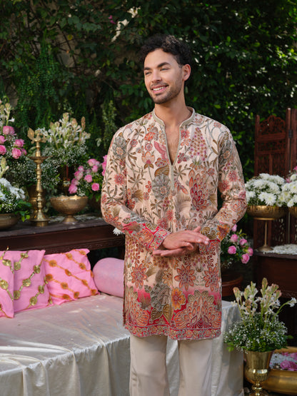 Peach Crepe Kurta–Bottom Set with Cording Zari Embroidery