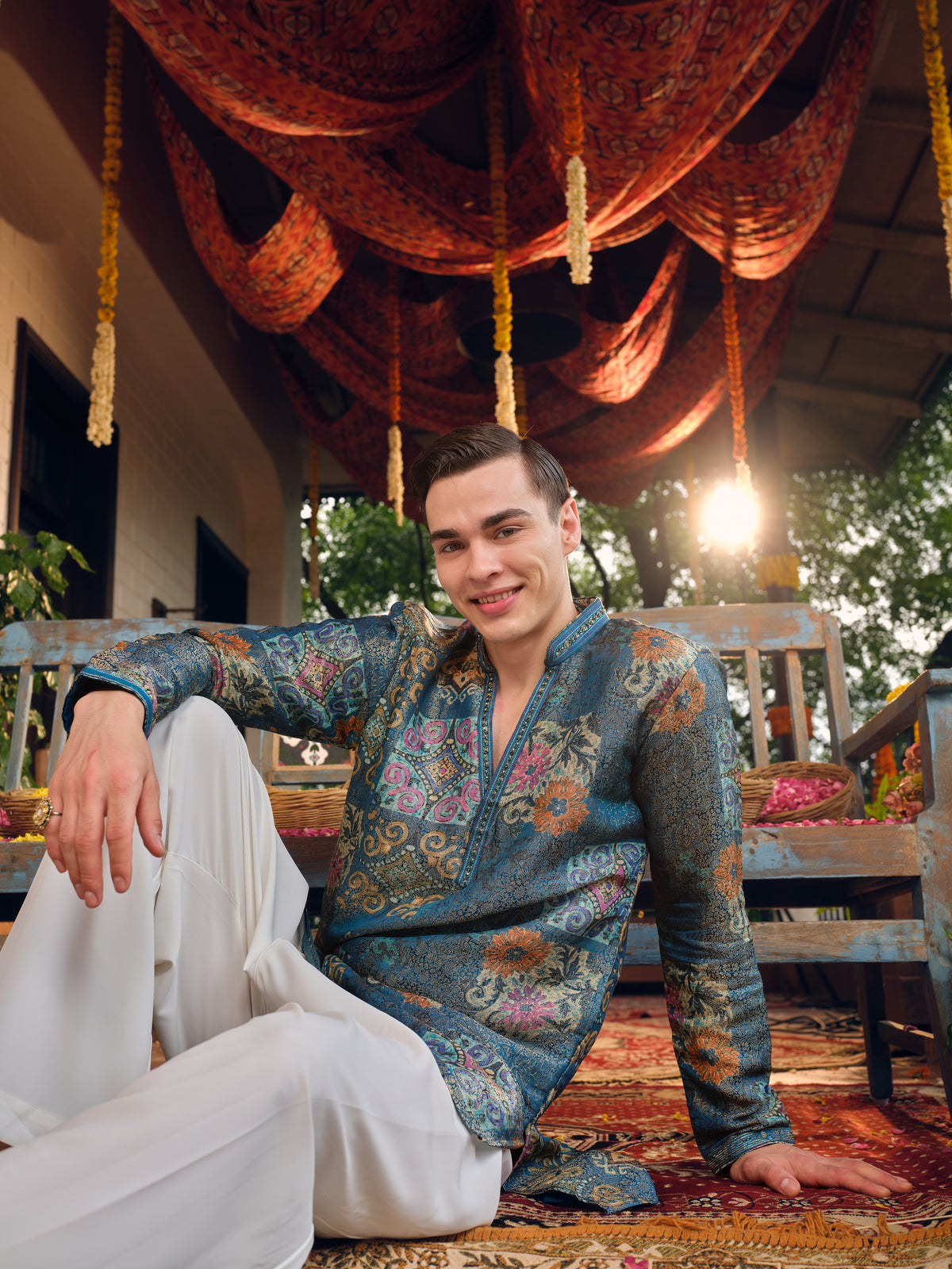Teal Blue Self Jacquard Short Kurta Set