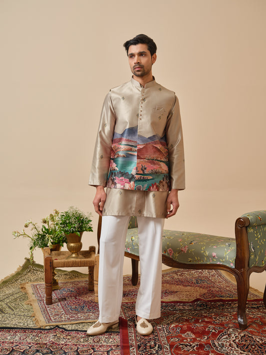 Men’s Satin Silk Jacket-Kurta-Bottom Set with Digital Print  Foil